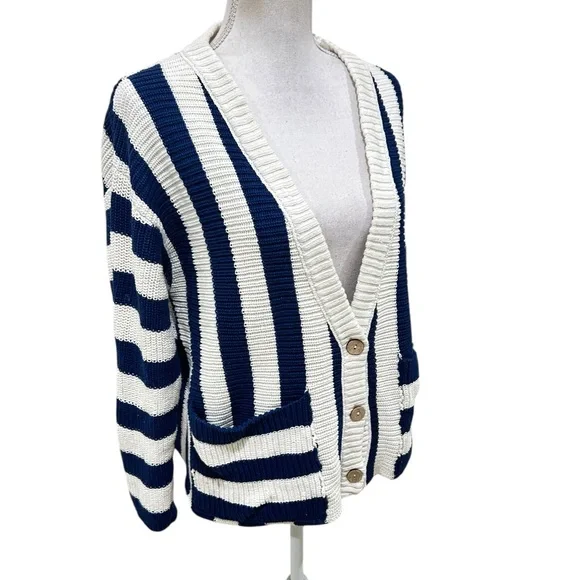 Free People navy Blue & Cream high Tide Striped Cardigan oversized cotton sz xs - Picture 7 of 14
